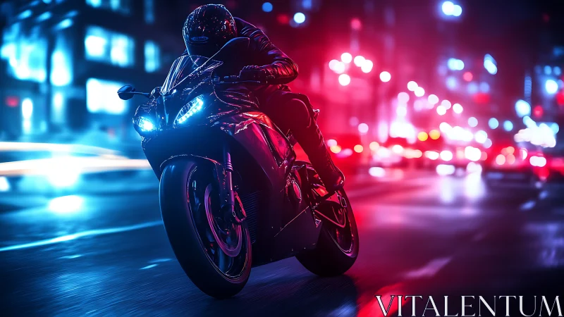 Motorcyclist racing through neon lit city street at night.