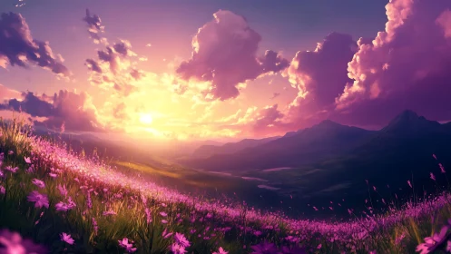 Violet wildflower hillside under radiant sunset sky.