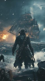 Stormy seas welcome a lone pirate facing a burning ship