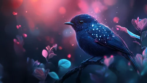 Dreamy Blue Bird on Branch in Magical Neon Forest Art.