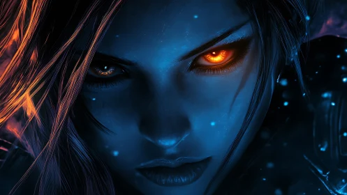 Intense blue faced character with glowing orange eyes closeup