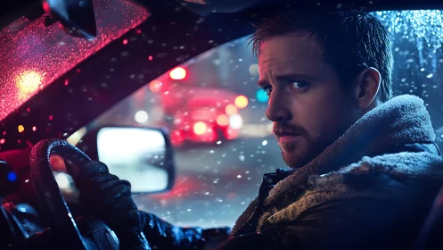 Brooding driver watches neon city lights through winter rain