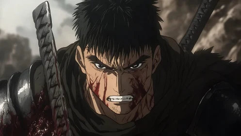 Bloodstained armored warrior with sword in combat scene.