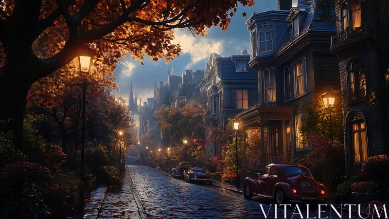 Cobblestone autumn street glows under nostalgic twilight lamps