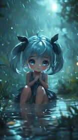 Rain-soaked chibi girl in moonlit forest pool at dusk.