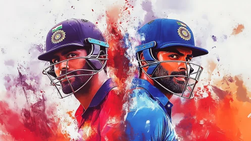 Cricket batter portraits erupt amid red and blue paint bursts.