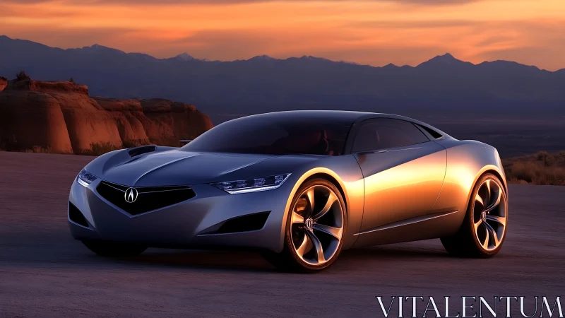 Silver Acura sports coupe rendered on desert road at dusk.