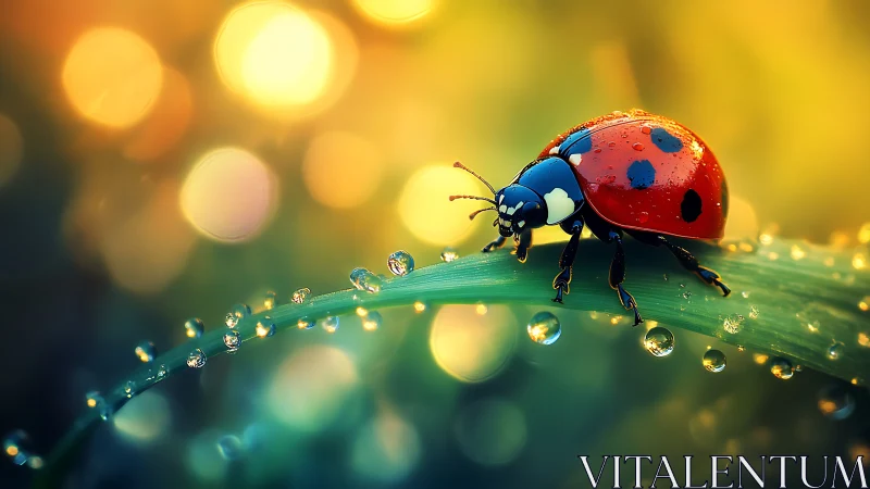 Ladybug strolls a jeweled leaf through sunrise bokeh glow