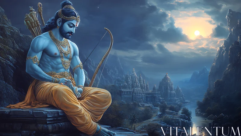 Moonlit warrior sage over mystic river kingdom in blue repose.