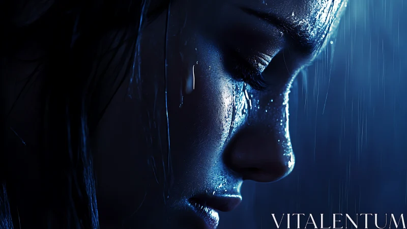 Wet close-up profile of woman&rsquo;s face in blue rain.