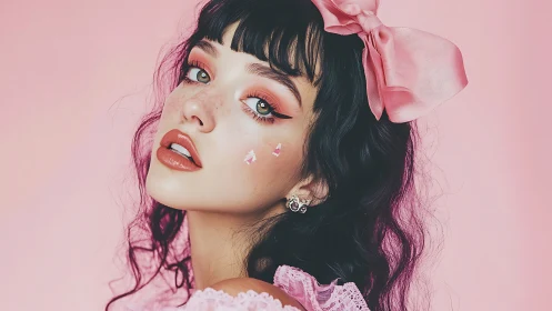 Porcelain Dreams in Pink: Girl with Bow and Nostalgic Charm