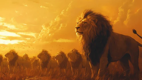 Lion pride strides through blazing golden savannah dusk.
