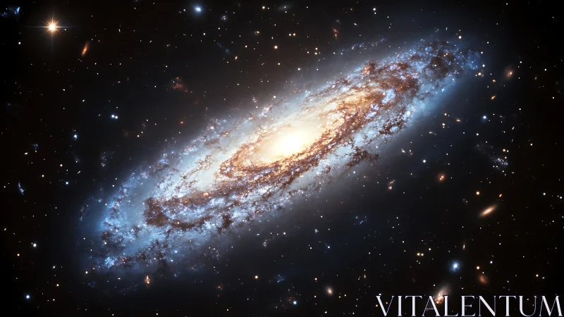 Inclined spiral galaxy with luminous bulge and dust lanes.
