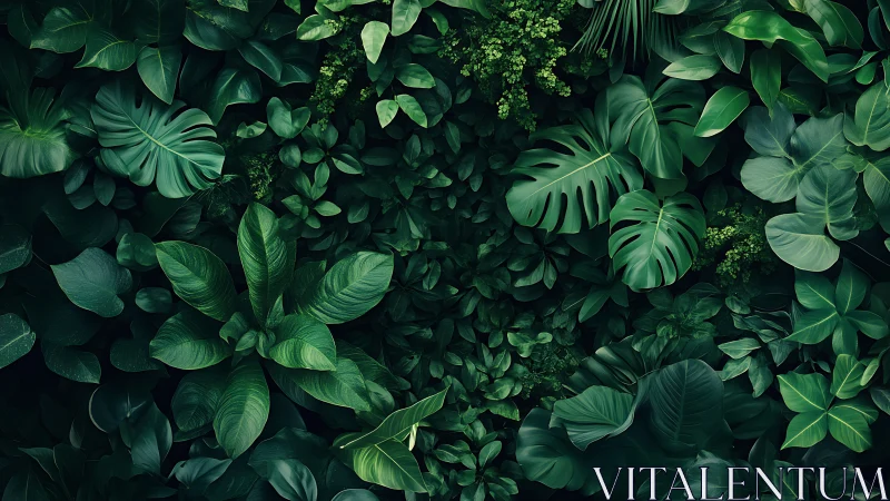 Dense tropical foliage background with layered green leaves.