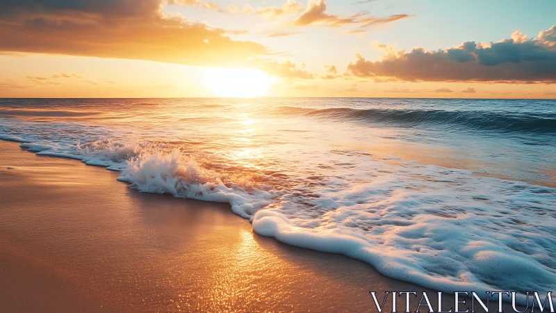 Golden waves roll gently onto a peaceful sunset shoreline