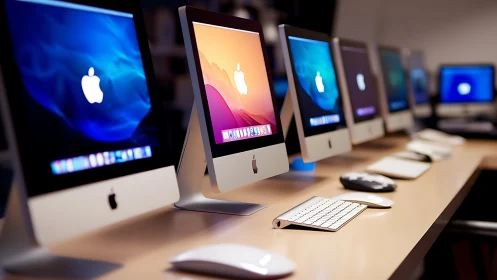 Row of aluminum desktop computers with vivid gradient displays.