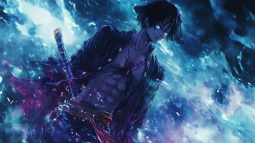 Stormlit swordsman strides through swirling blue energy