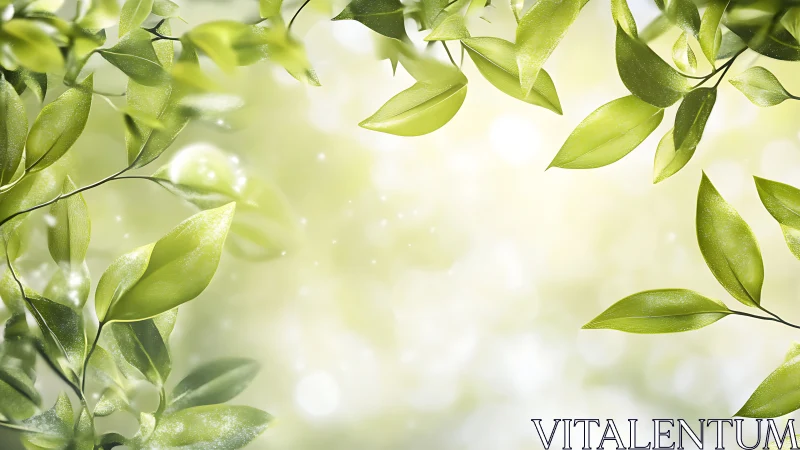 Green leaves frame soft bokeh background in bright light