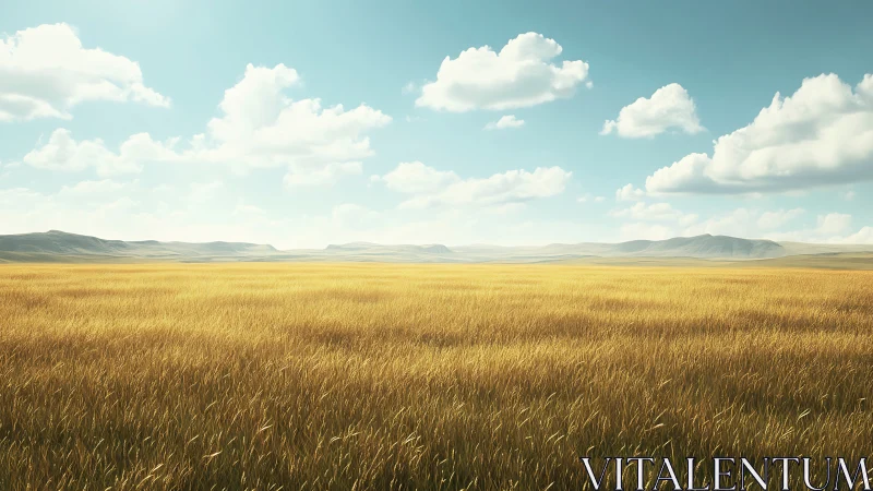 Golden grassland extends toward distant low mountain range
