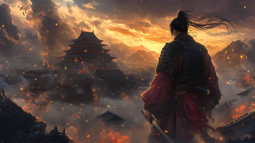 Samurai warrior overlooking burning feudal citadel at dusk.