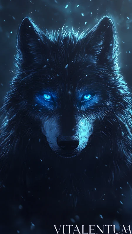 Mystic blue-eyed wolf gazes calmly through the frozen night