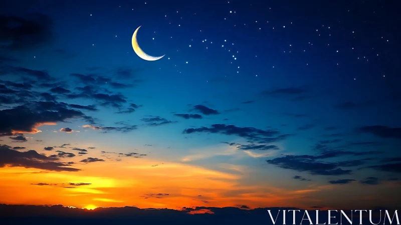 Crescent moon over vivid blue dusk sky above sunset horizon.