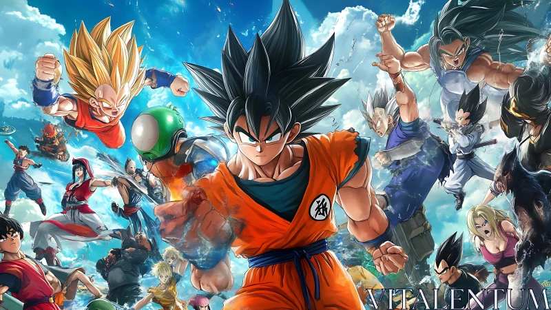 Anime battle illustration with dynamic flying warriors.