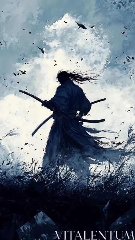 Silhouetted swordsman stands against a turbulent abstract sky