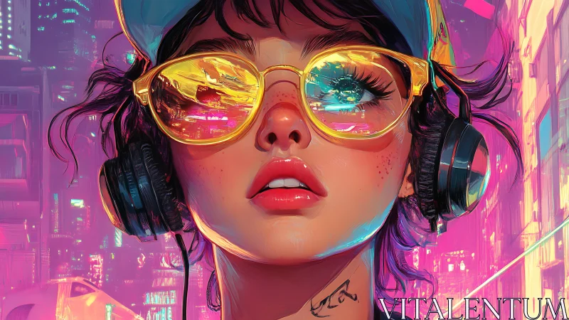 Headphoned youth observes neon cityscape through tinted lenses