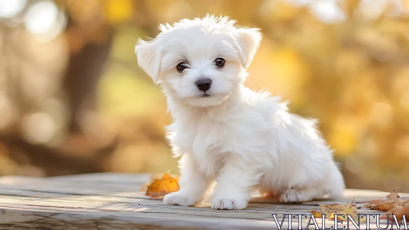 Fluffy autumn cloud puppy perched on a leaf-kissed bench.