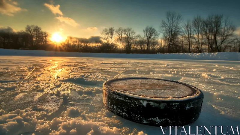Low-angle macro view of hockey puck on outdoor frozen pond at sunset