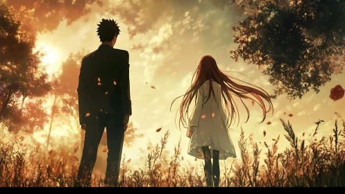 Two distant figures share a wistful sunset in autumn fields