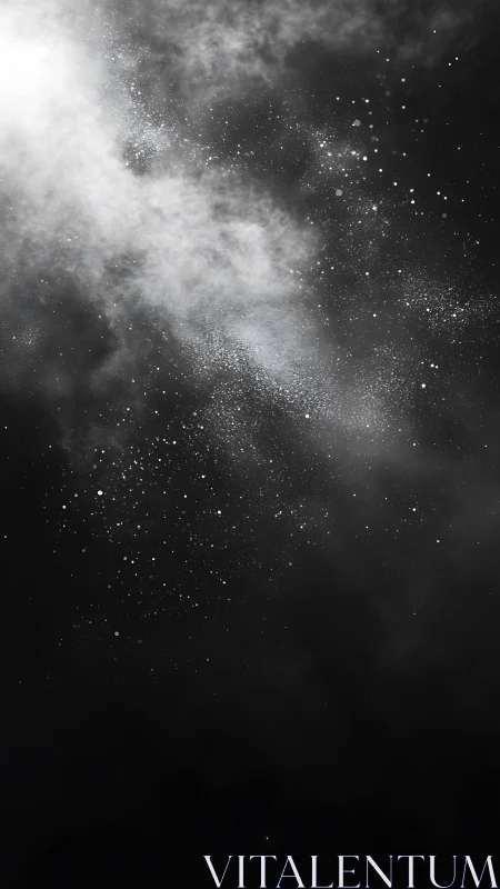 Monochrome cosmic dust cloud with dispersed starfield texture.