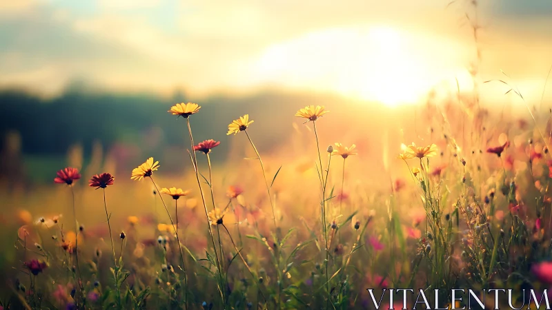 Wild meadow blooms lean into a dreamy molten sunrise glow