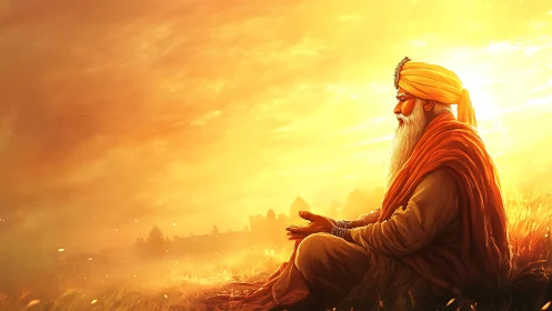 Elderly turbaned man meditating in golden sunset field.