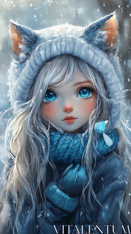 Snowy blue-eyed girl in fox-ear hood with painterly glow.