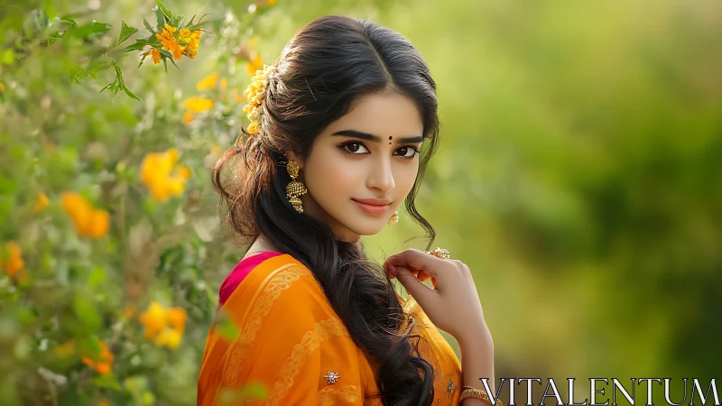 Woman in orange saree with flowers in soft greenery.