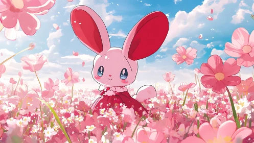 Pink bunny in bloom-filled meadow enjoys a dreamy spring day.