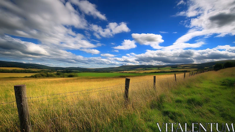 Golden fields roll beneath bright clouds and a vivid blue sky