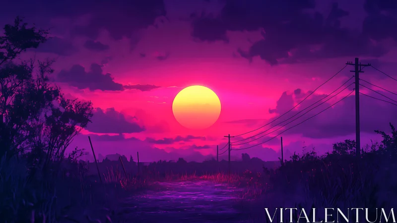 Neon pink sunset over rural road and power lines.