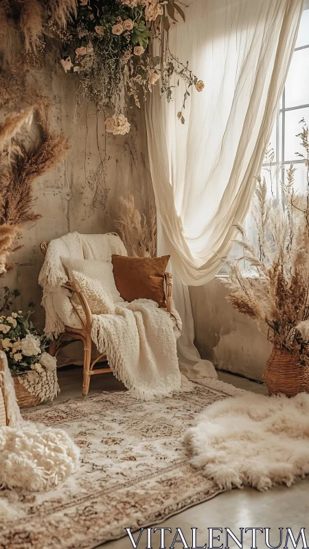 Sunlit corner wrapped in cozy textiles and dried blooms.