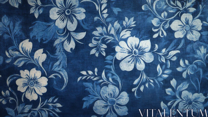 Indigo floral textile pattern with painted white blossoms.