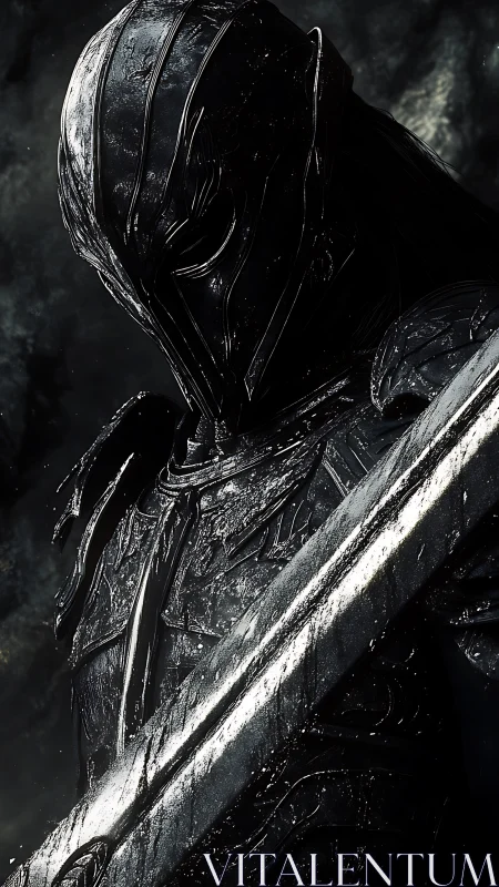 Dark armored warrior with sword in high contrast lighting.