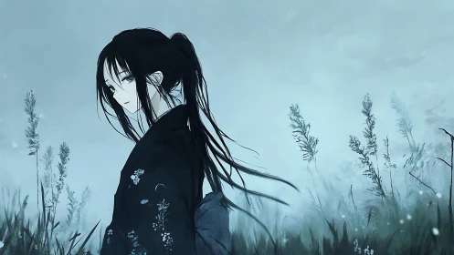 Mistbound girl wandering through bluegrass quietude.