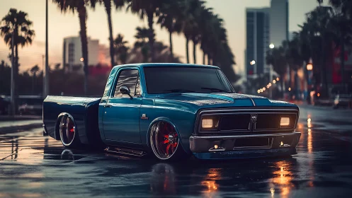Low-slung pro-touring pickup on wet boulevard at dusk.