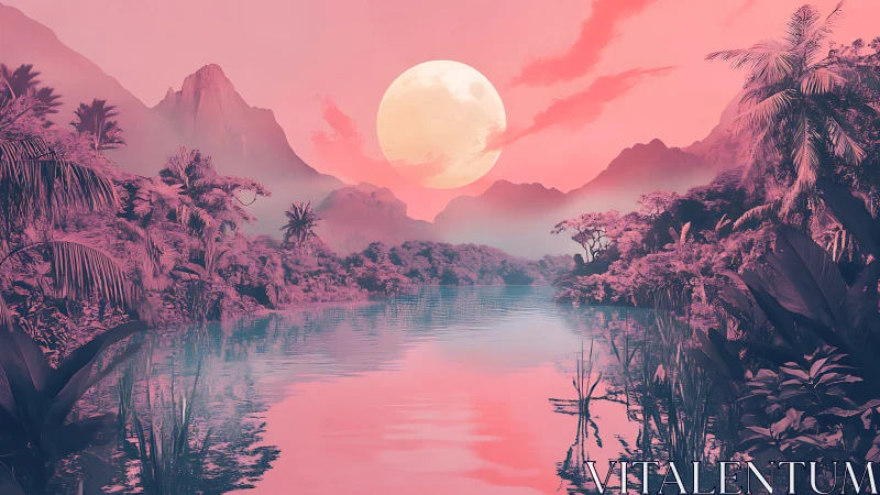 Pink tropical river landscape under large full moon