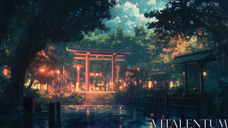 Rainlit shrine torii under glowing lanterns at dusk.