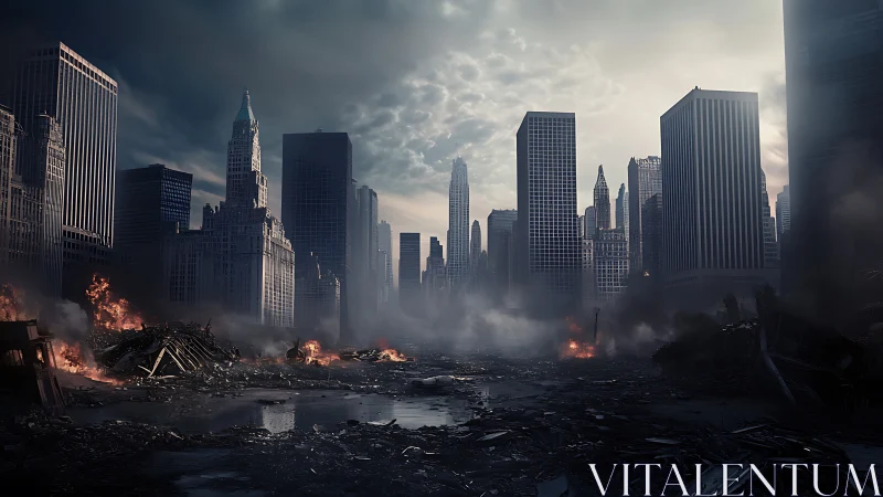 Post-catastrophe urban skyline with high-rise ruins and smoke.