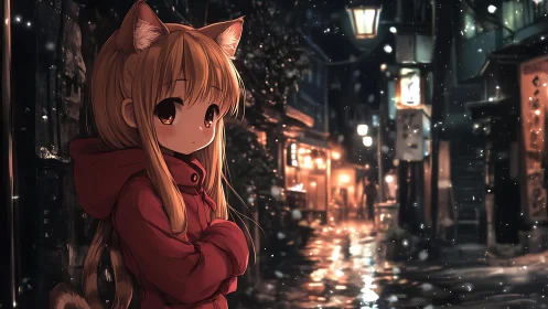 Cat-eared girl waits quietly in a softly lit snowy alleyway