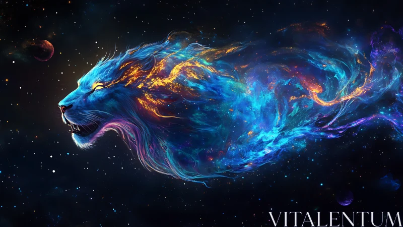 Cosmic nebula lion head with luminous plasma mane.